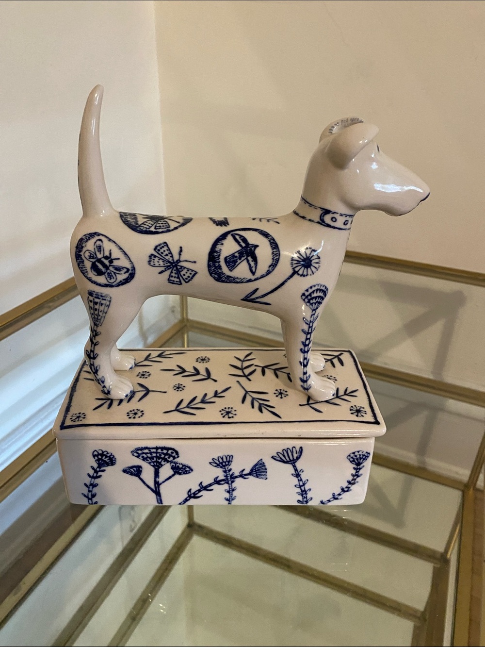Anthropologie Ceramic Dog Trinket Box in White and Blue - Picture 5 of 7